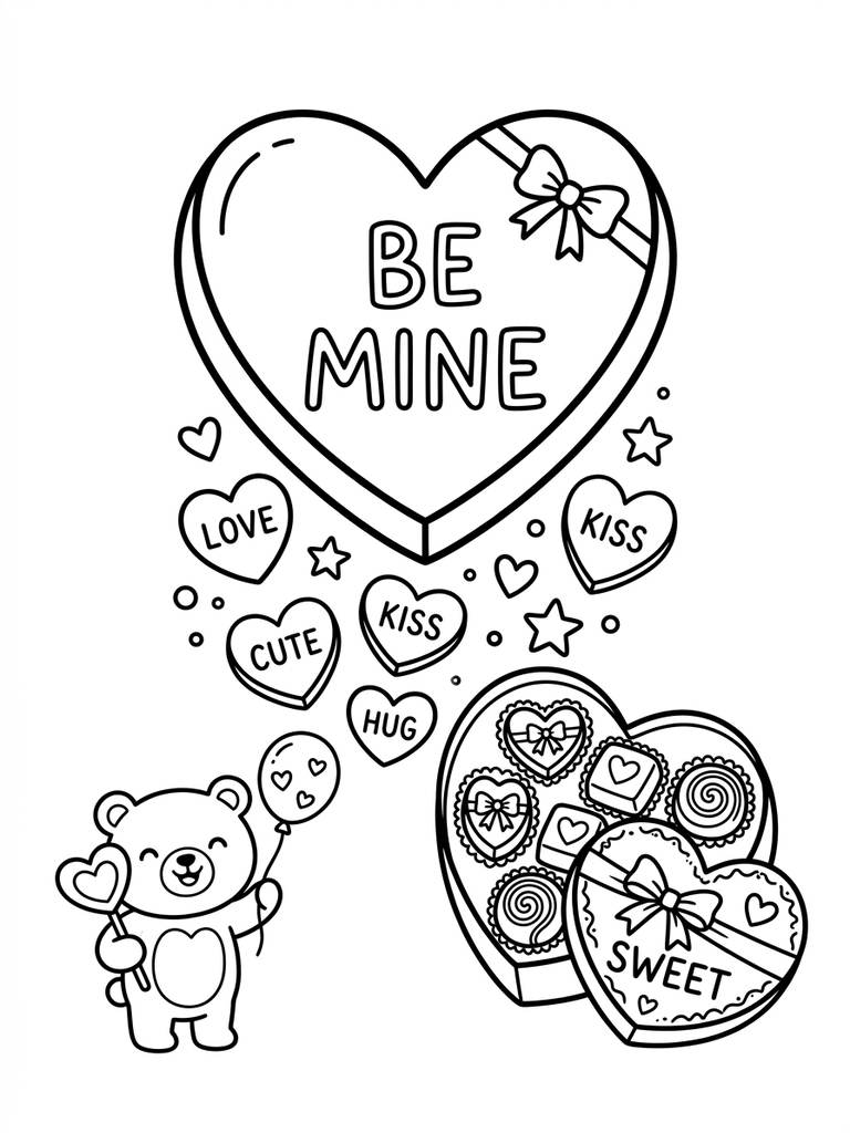 “Be Mine” / Candy Hearts & Chocolates Scene Coloring Page