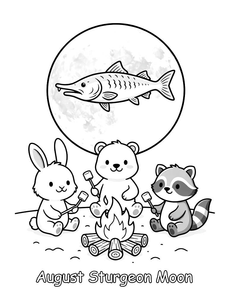 Beach Bonfire With Friends Roasting Marshmallows Under A Massive August Sturgeon Full Moon Coloring Page