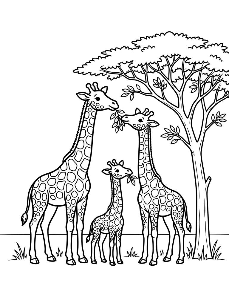 Beautiful Family Of Tall Giraffes Grazing On The Leaves Of A Tall Acacia Tree In The Golden African Savanna Landscape Coloring Page