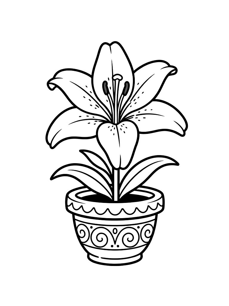 Beautiful White Trumpet-shaped Easter Lily Flower In A Decorative Pot With A Soft Glowing Background Coloring Page