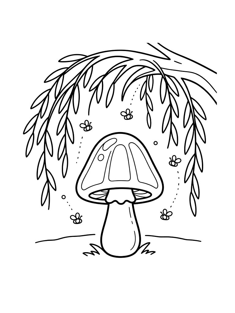 Bio-luminescent Glass Mushroom Under A Weeping Willow With Glowing Fireflies Coloring Page