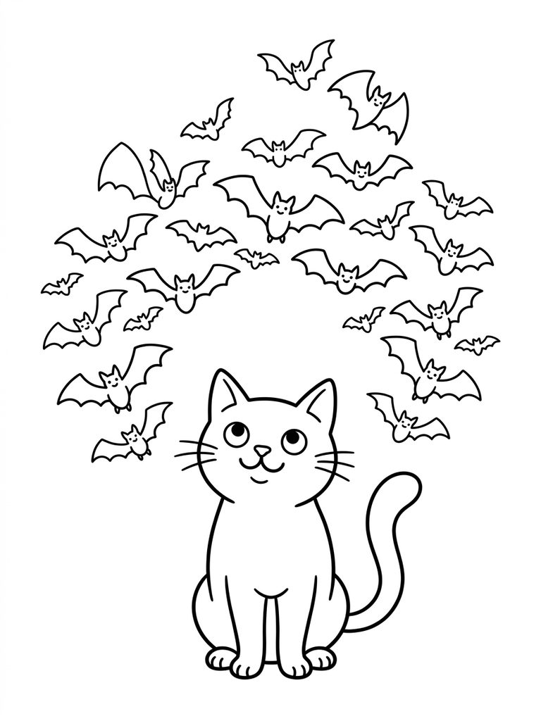 Black Cat / Bat Swarm Coloring Page