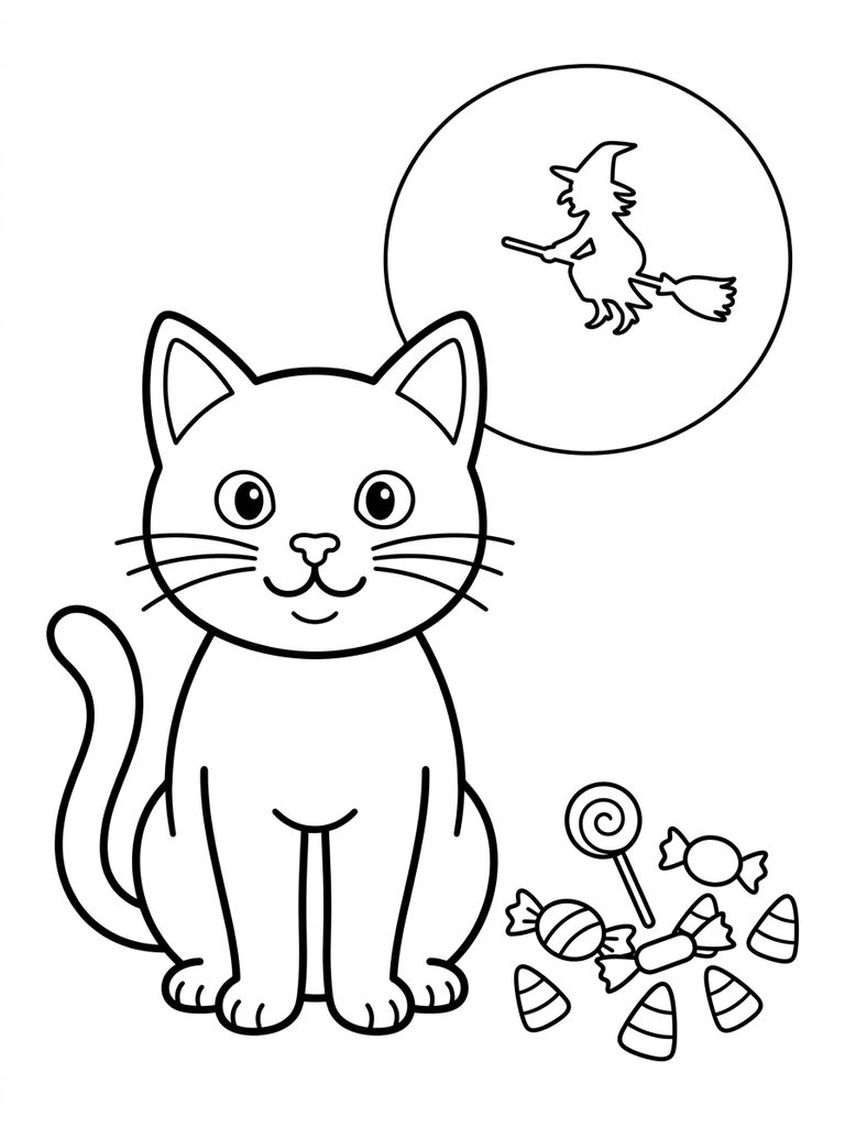 Black Cat Sitting Next To Halloween Candy And A Full Moon Coloring Page