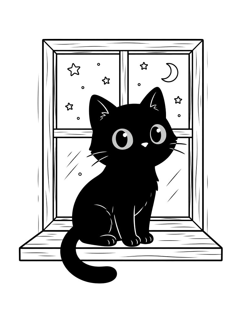 Black Cat With Glowing Yellow Eyes Sitting On A Wooden Windowsill At Night Coloring Page