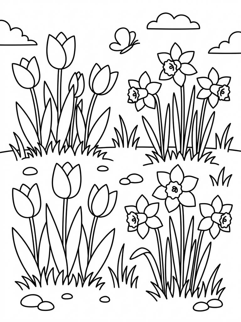 Blooming Tulips And Daffodils In A Spring Garden Coloring Page