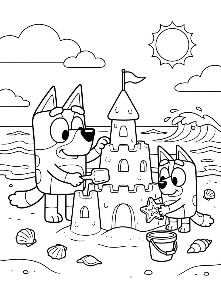 Bluey And Bingo Building A Giant Sandcastle On A Sunny Beach With Sea Shells Coloring Page