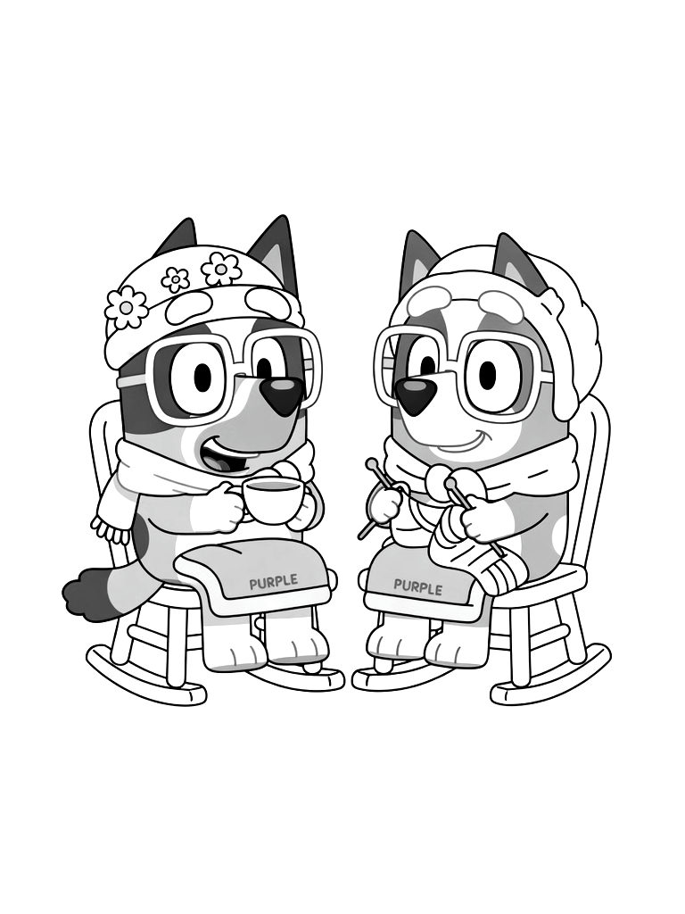 Bluey And Bingo Dressed As The Grannies With Glasses And Purple Blankets Coloring Page
