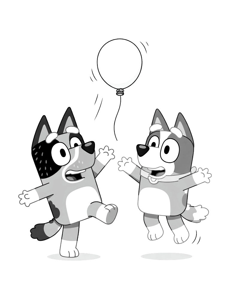 Bluey And Bingo Playing A Game Of Keepy Uppy With A Red Balloon Coloring Page