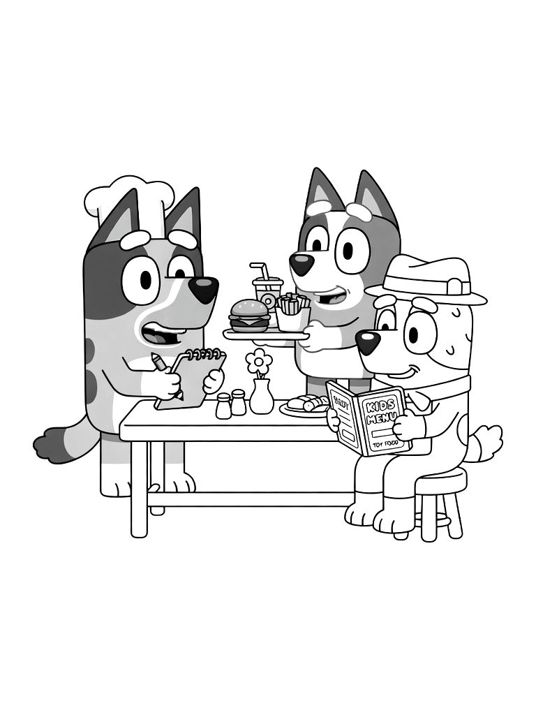 Bluey And Bingo Playing Restaurant With A Menu Coloring Page
