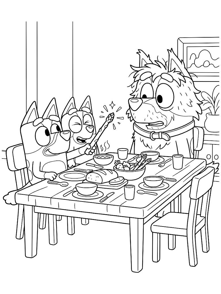 Bluey And Bingo Playing The Hilarious Magic Asparagus Game At The Dinner Table Turning Bandit Into A Wild Animal Coloring Page