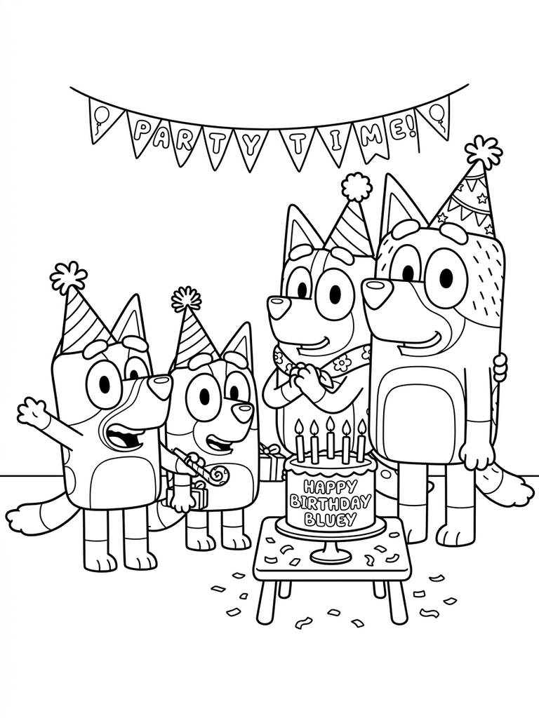 Bluey Birthday Party / Party Hats With Family Coloring Page