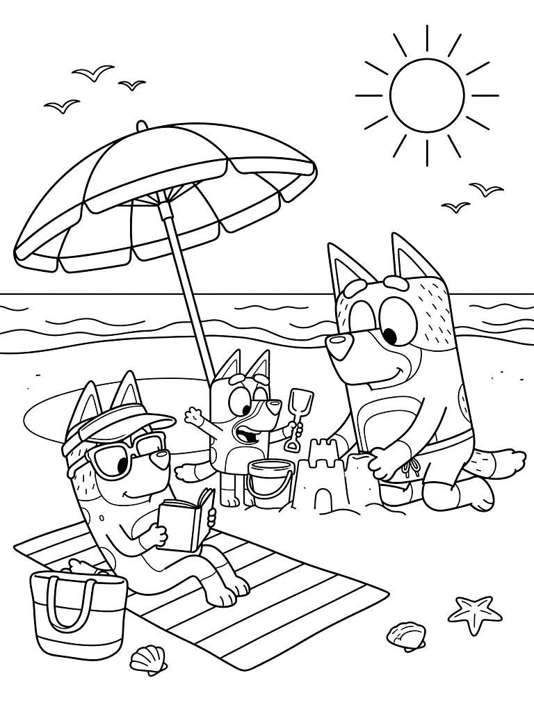Bluey Family Beach Day And Summer Vacation Coloring Page