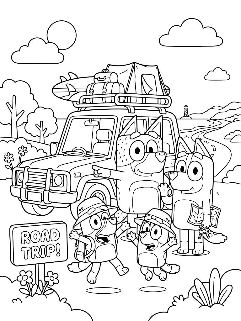Bluey Summer Holiday Road Trip Coloring Page
