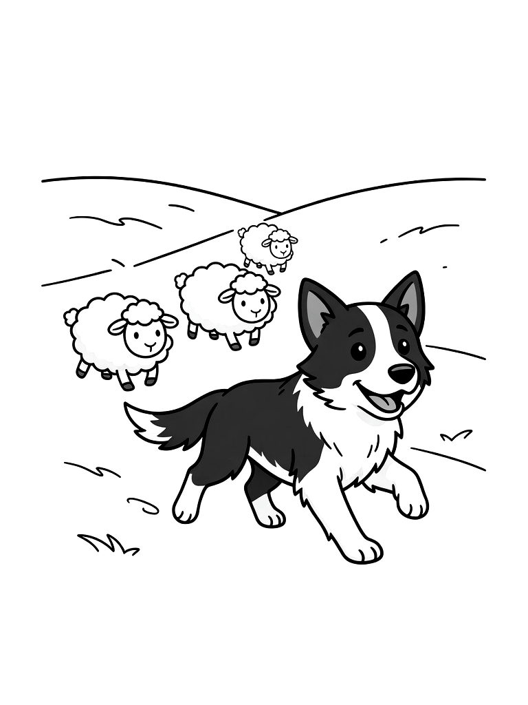 Border Collie Herding A Group Of Fluffy White Sheep In A Green Hilly Pasture Coloring Page