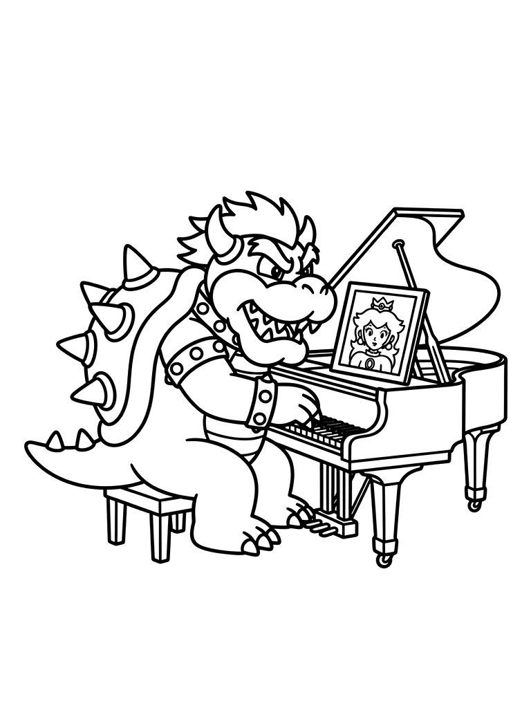 Bowser Playing A Grand Piano With A Framed Picture Of Princess Peach On Top Coloring Page