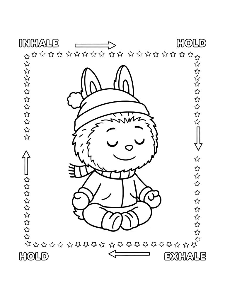 Box Breathing Guide With A Square Path Made Of Tiny Stars And Hold Instructions Coloring Page