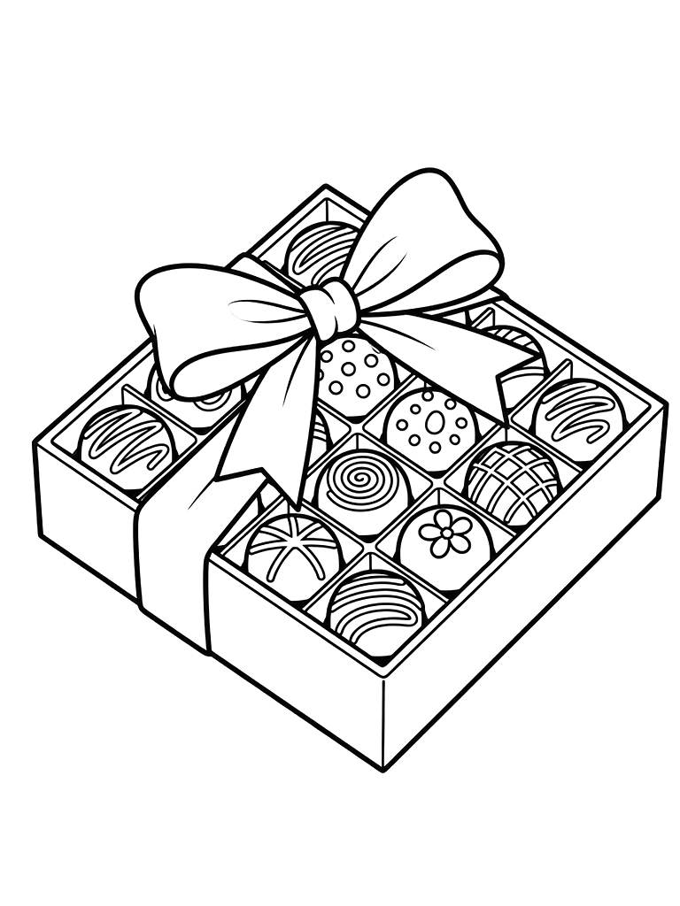 Box Of Assorted Gourmet Chocolates With Different Patterns And A Silk Ribbon Bow Coloring Page