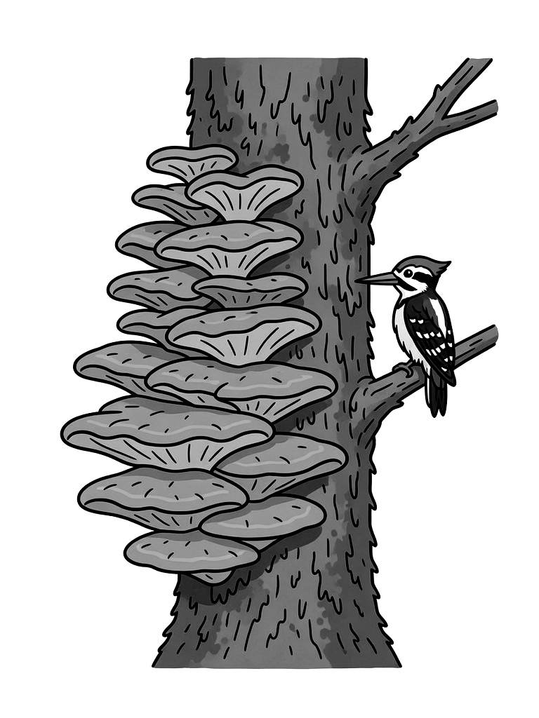 Bright Orange Chicken Of The Woods Mushrooms Shelfing Up The Side Of A Mossy Oak Tree With A Woodpecker Nearby Coloring Page