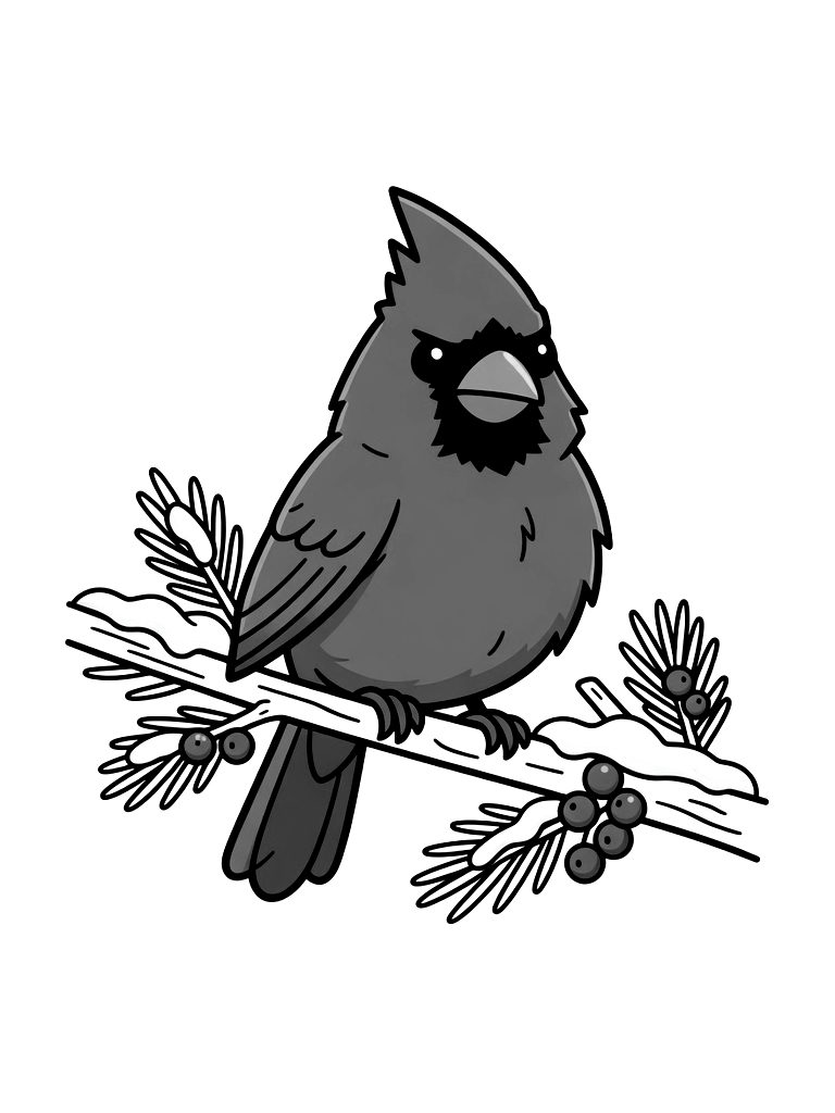 Bright Red Cardinal Bird Perched On A Snowy Pine Branch With Red Berries And A Soft White Background Coloring Page