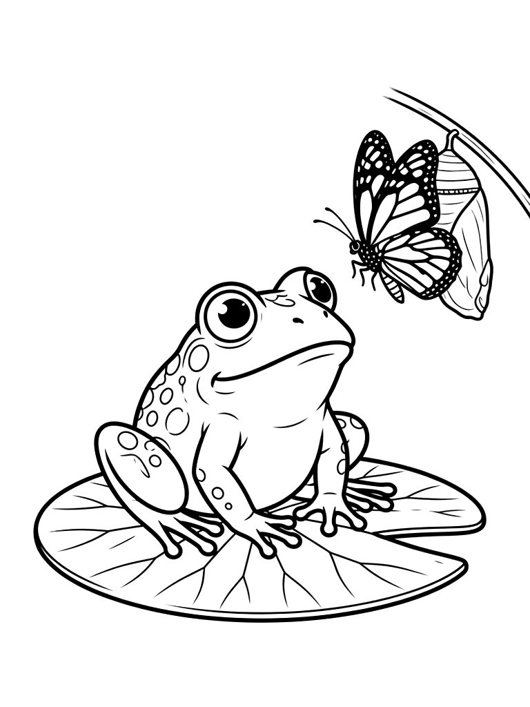 Bullfrog Sitting On A Lily Pad Watching A Monarch Butterfly Emerge From A Chrysalis Coloring Page