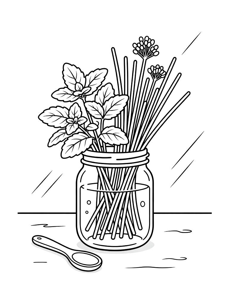 Bunch Of Fresh Mint And Chives In A Glass Jar On A Sunlit Kitchen Counter Coloring Page