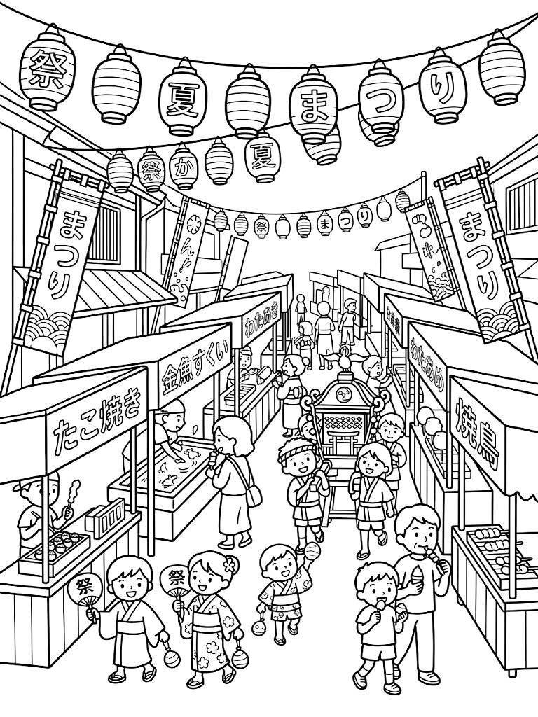 Bustling Traditional Japanese Festival Street Lined With Glowing Paper Lanterns Wooden Food Stalls And Summer Banners Coloring Page