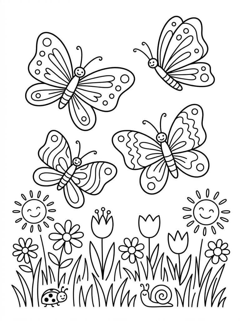 Butterflies And Spring Meadow Coloring Page