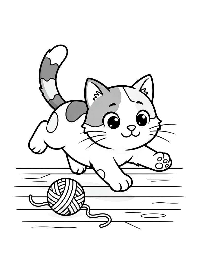 Calico Cat Chasing A Colorful Ball Of Yarn Across A Wooden Floor Coloring Page