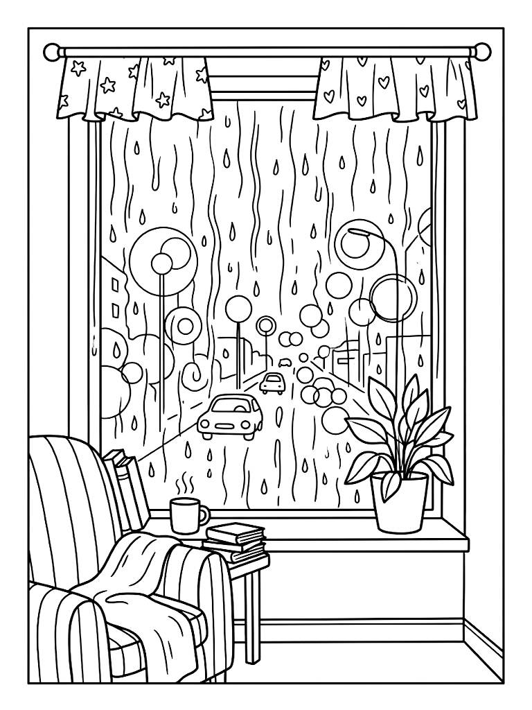 Calm Aesthetic View From Inside A Cozy Room Looking Through A Rain-Streaked Windowpane At Blurred Glowing City Streetlights Coloring Page
