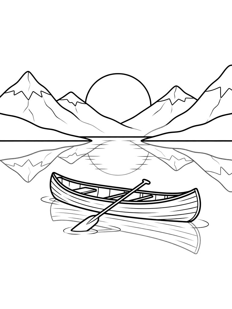 Calm Mountain Lake At Dawn With A Single Wooden Canoe And A Reflection Of The Rising Sun Coloring Page