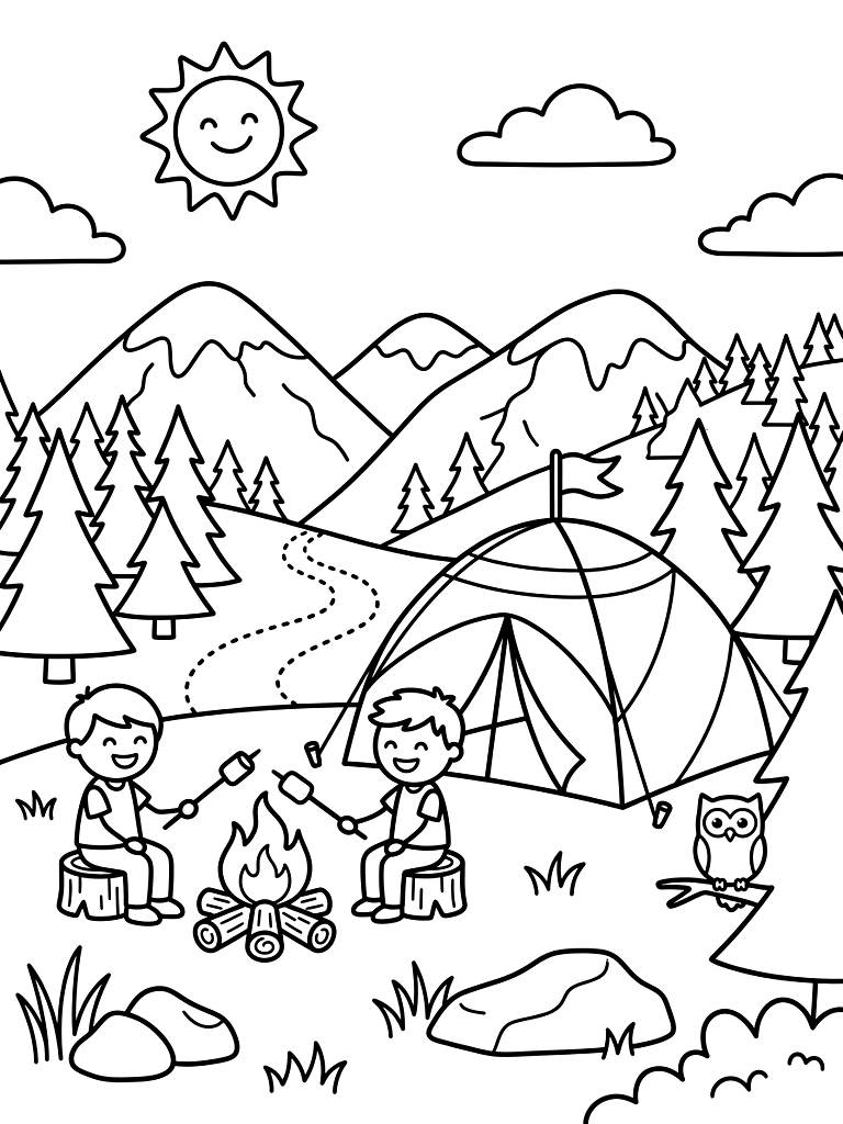 Camping In The Mountains And Forest Scenery Coloring Page