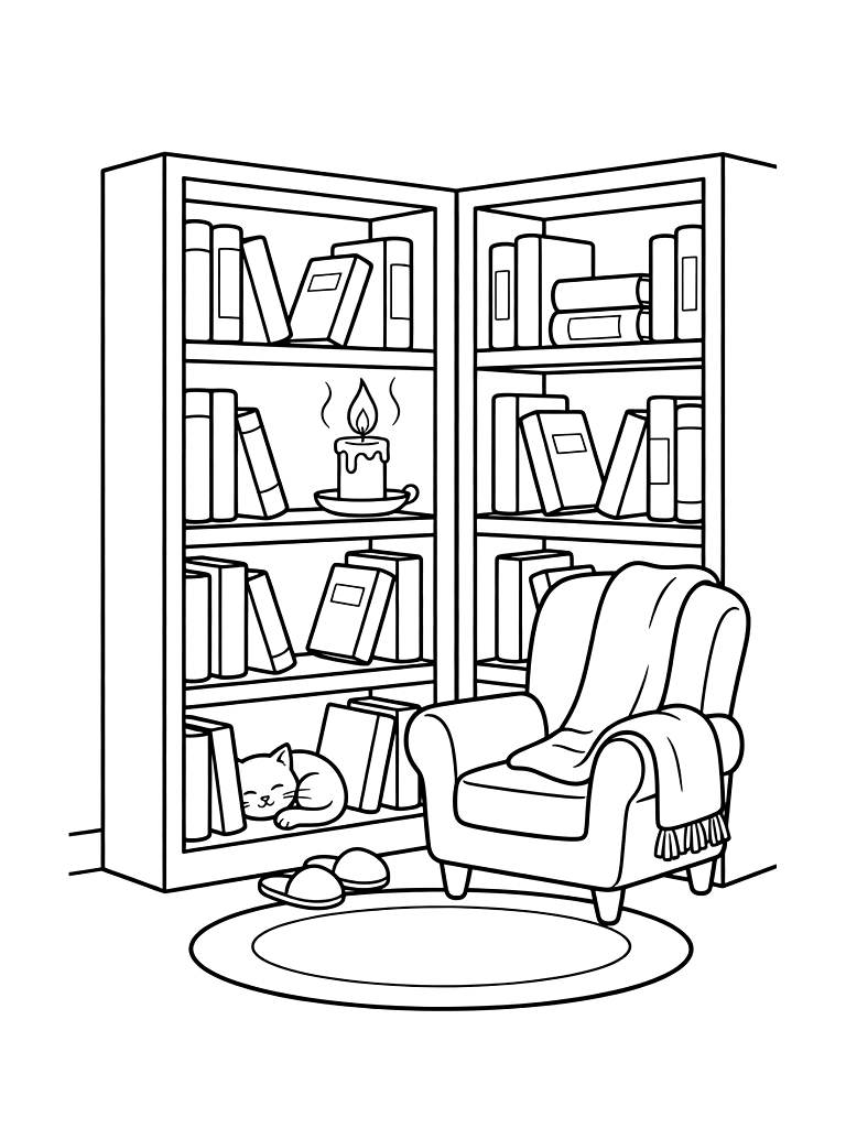 Candlelit Bookshelf Corner Coloring Page