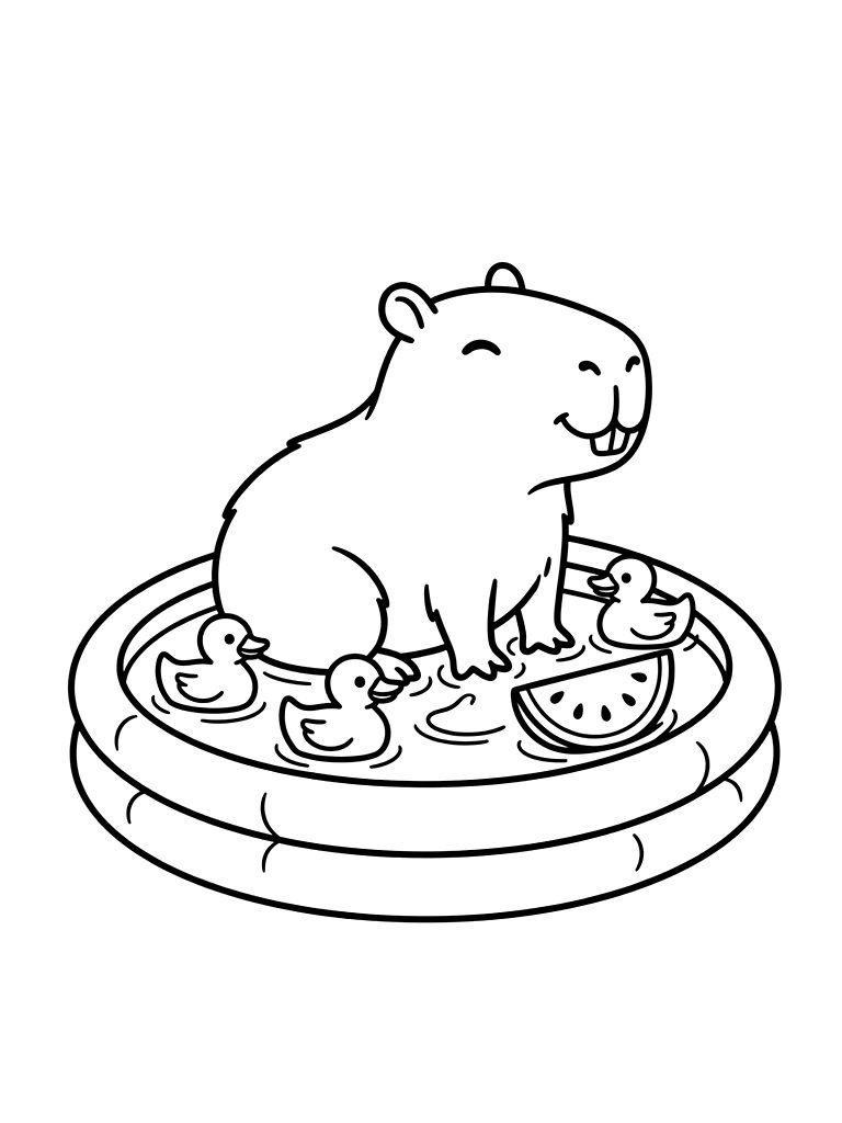 Capybara Sitting In A Small Plastic Pool With Several Rubber Ducks And A Slice Of Watermelon Coloring Page
