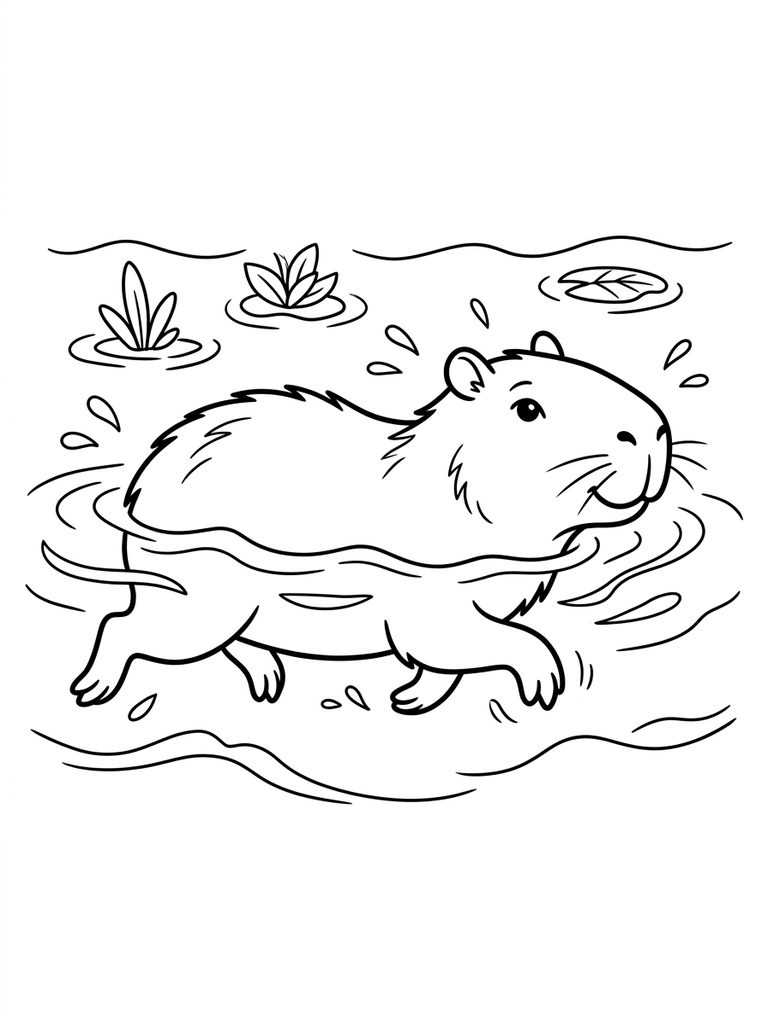Capybara Swimming Or Lounging By The Water Coloring Page