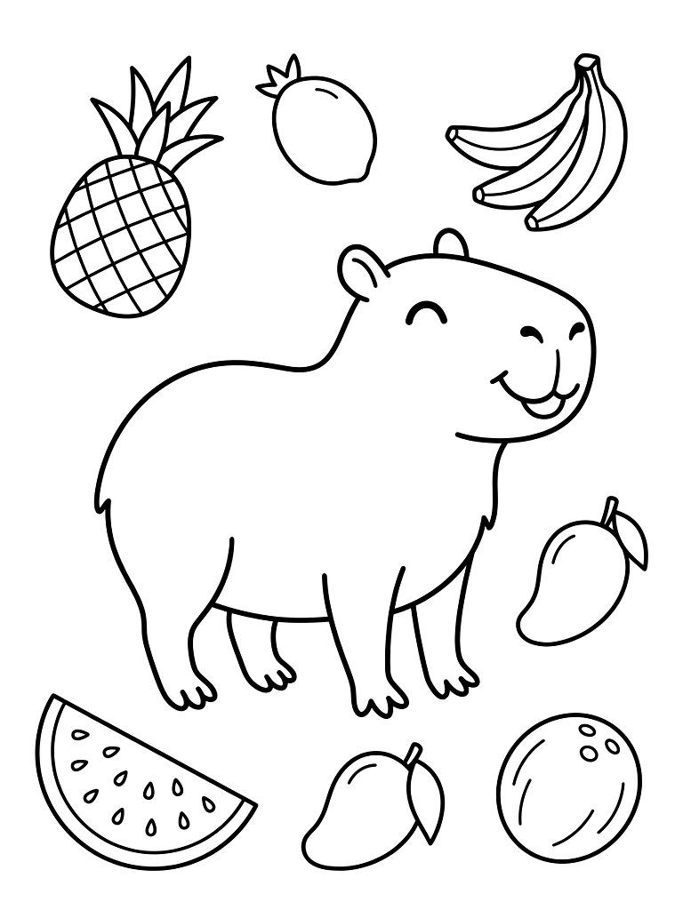 Capybara & Tropical Fruits Coloring Page