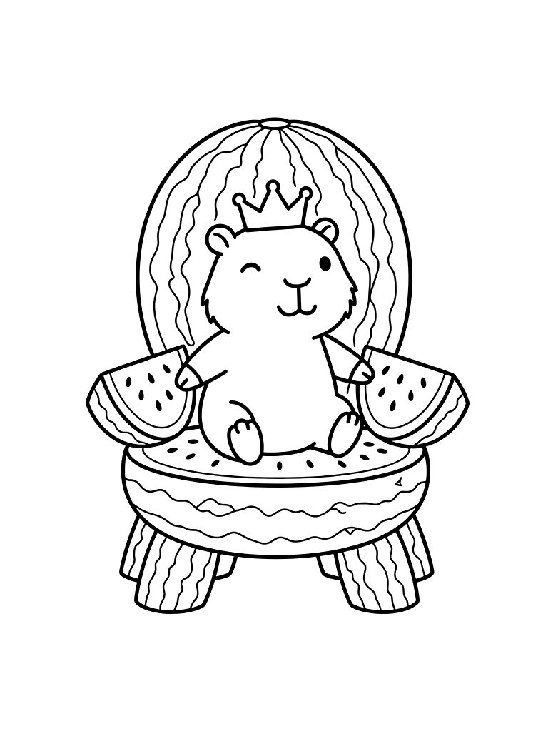 Capybara Wearing A Small Crown And Sitting On A Throne Made Of Watermelons Coloring Page