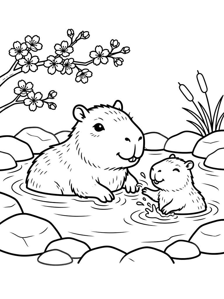 Capybaras In Spring Hot Springs Coloring Page