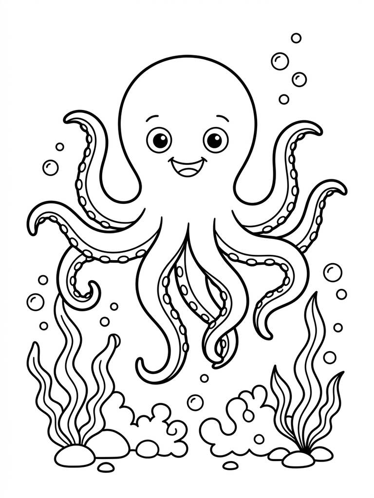 Cartoon Octopus Underwater Coloring Page