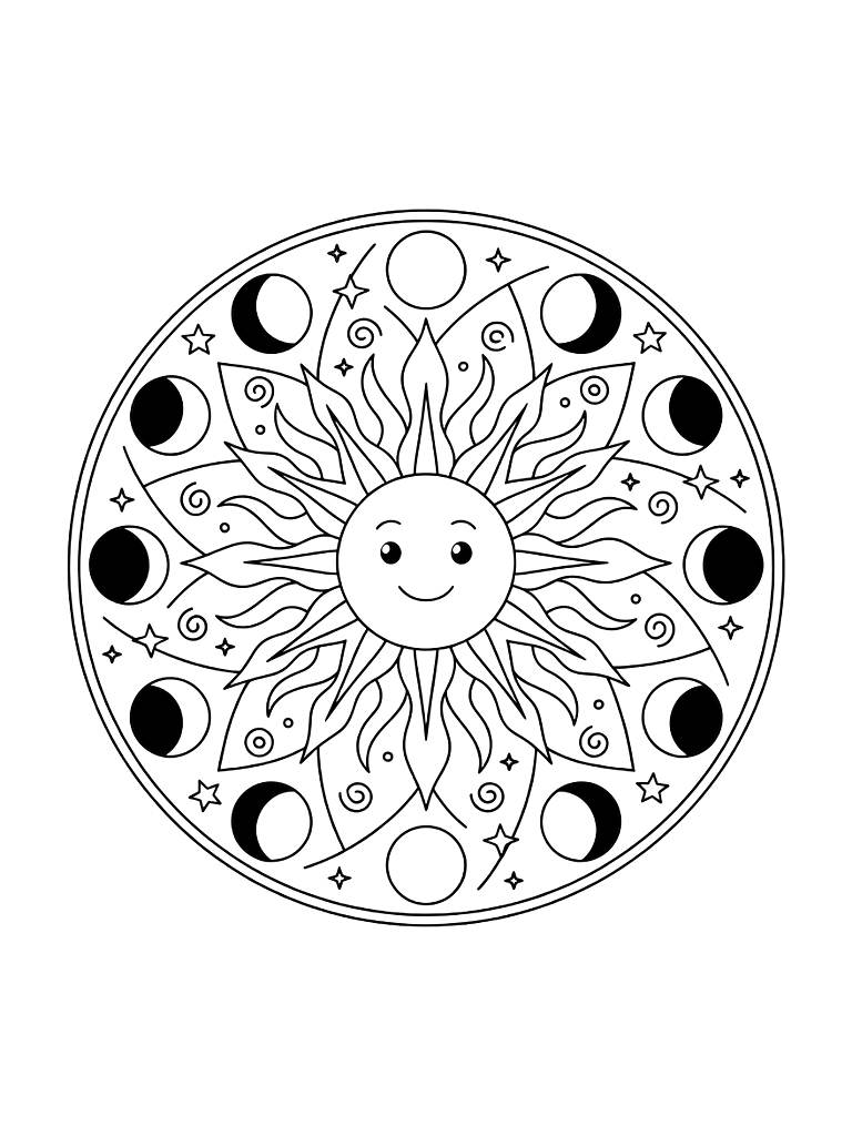 Celestial Mandala Featuring The Phases Of The Moon And A Sun Center With Radiating Flames Coloring Page