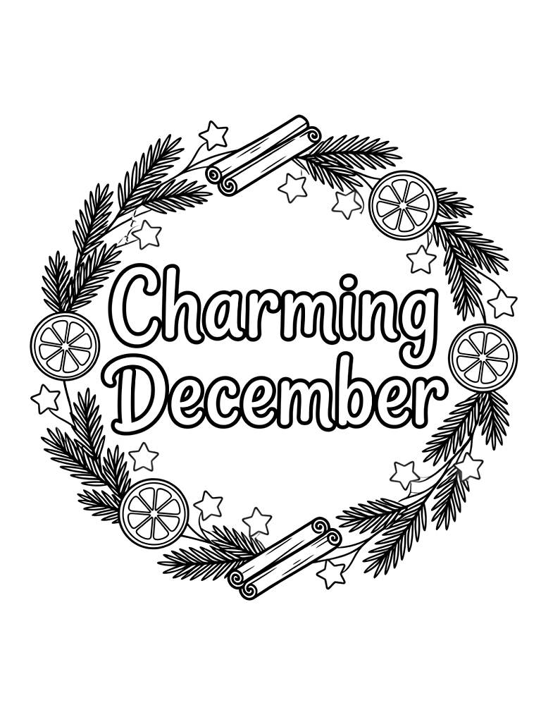 Charming December Lettering Framed By A Delicate Wreath Of Pine Boughs Coloring Page