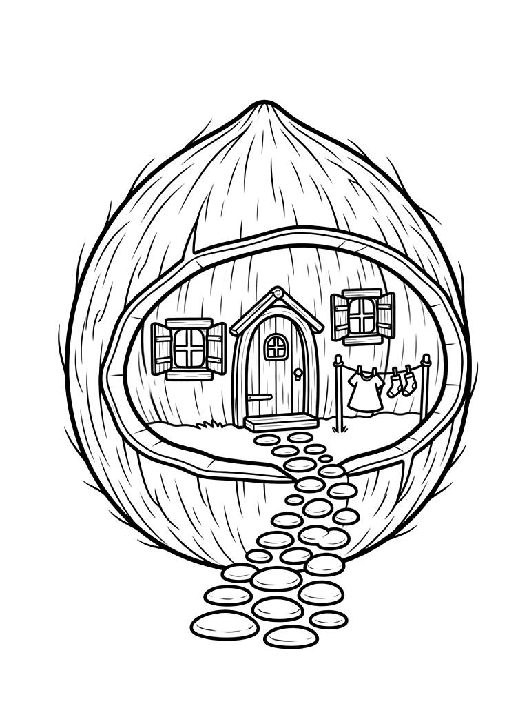 Charming Fairy Cottage Built Inside A Hollowed-out Coconut Shell With Small Wooden Shuttered Windows Coloring Page
