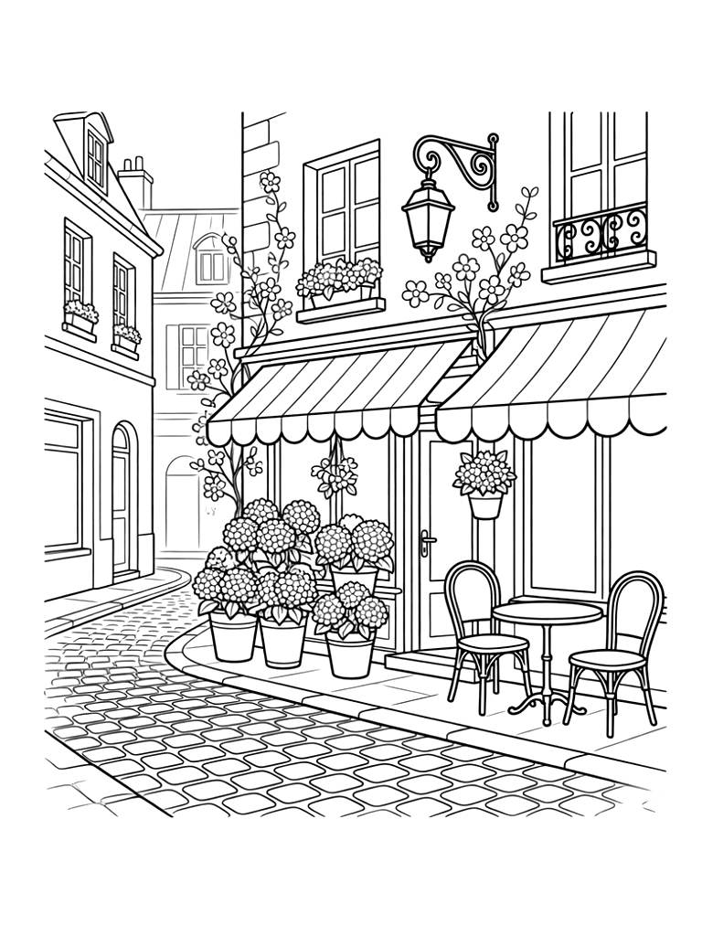 Charming Parisian Street In Spring Featuring A Small Florist Shop With Outdoor Buckets Of Hydrangeas And A Cozy Cafe Awning Nearby Coloring Page