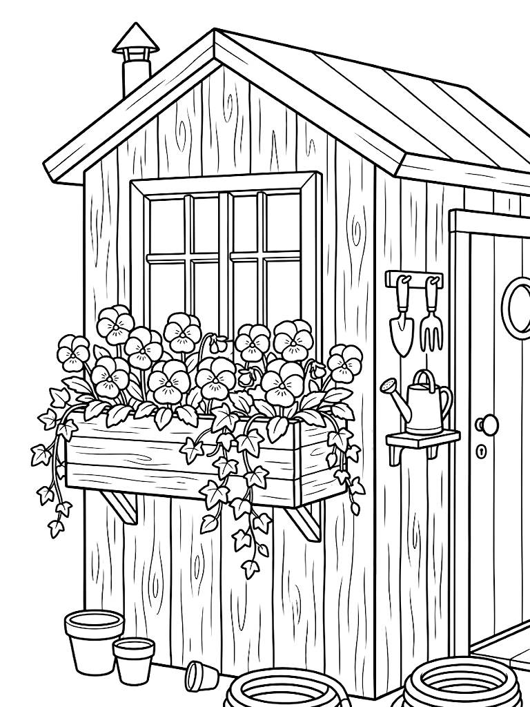 Charming Rustic Window Box Attached To A Wooden Potting Shed Overflowing With Cheerful Blooming Pansies And Trailing Ivy Coloring Page