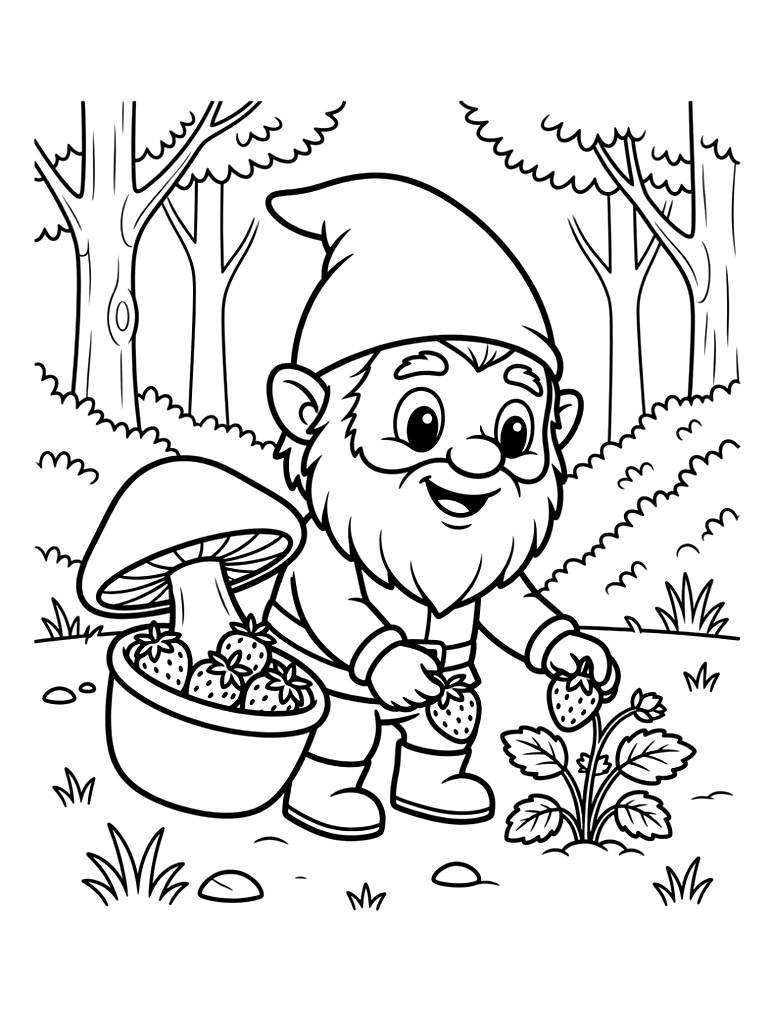 Cheerful Garden Gnome Harvesting Tiny Red Strawberries In A Forest Clearing Using A Hollowed-out Mushroom Cap As A Basket Coloring Page