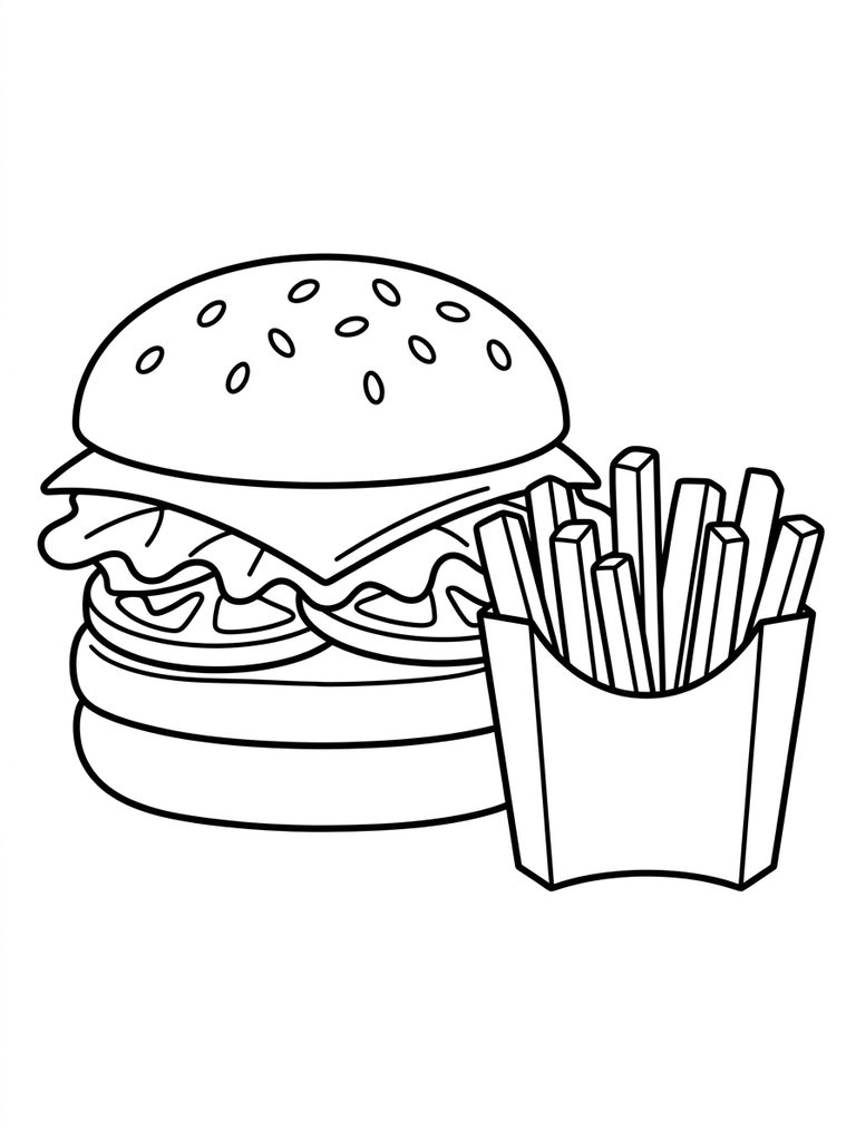 Cheeseburger With Fries Coloring Page