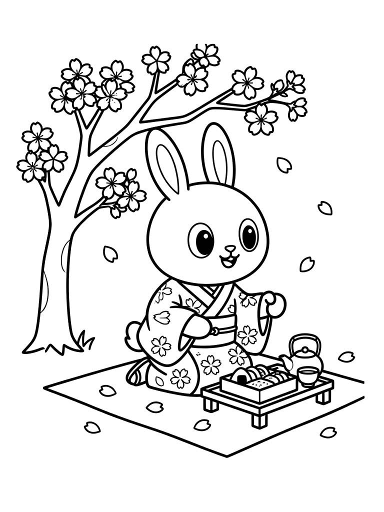 Cherry Blossom Picnic & Hanami Aesthetics Coloring Page
