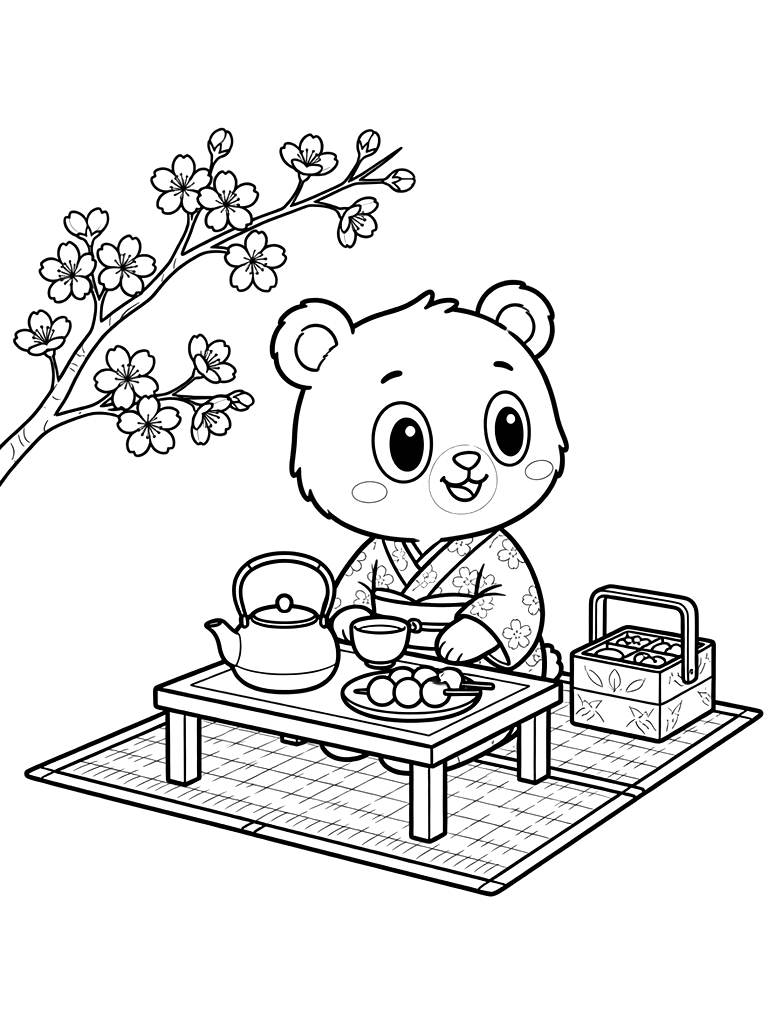 Cherry Blossom Picnic & Japanese Tea Coloring Page