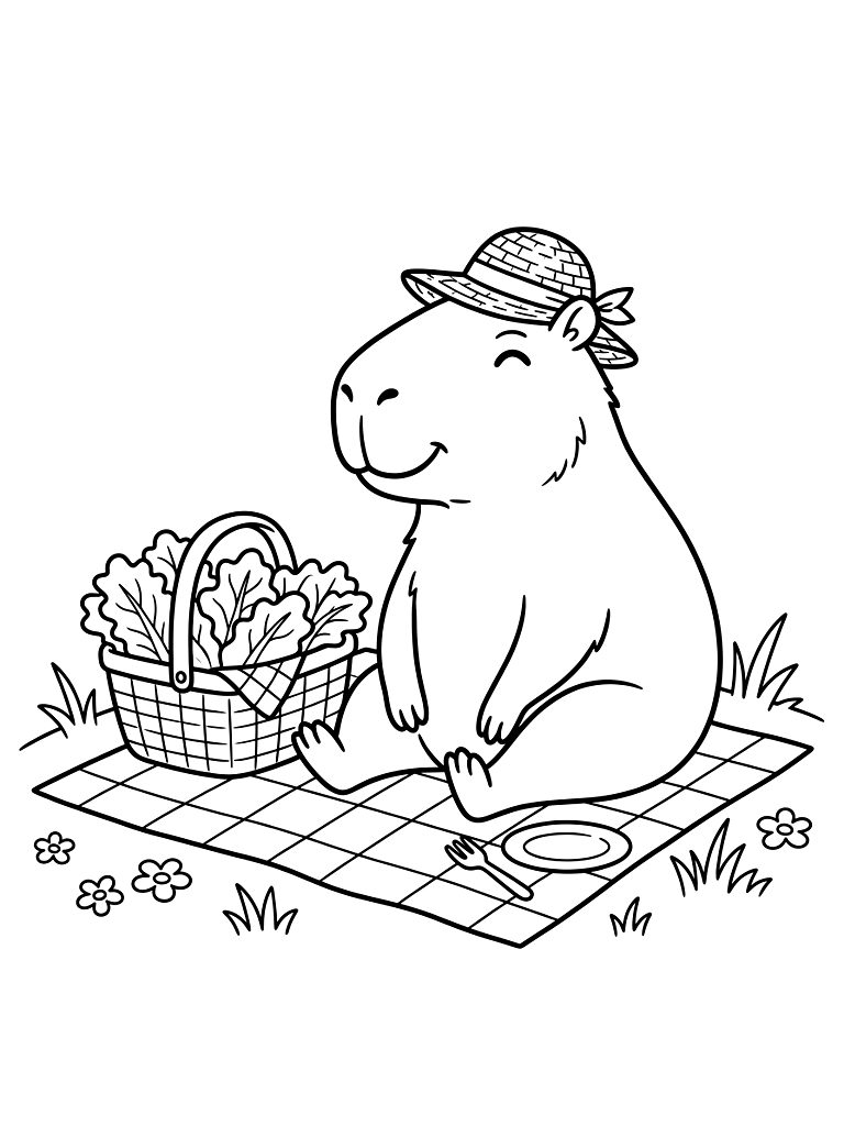 Chill Capybara Wearing A Tiny Woven Sun Hat Enjoying A Spring Picnic Next To A Basket Overflowing With Fresh Lettuce Coloring Page