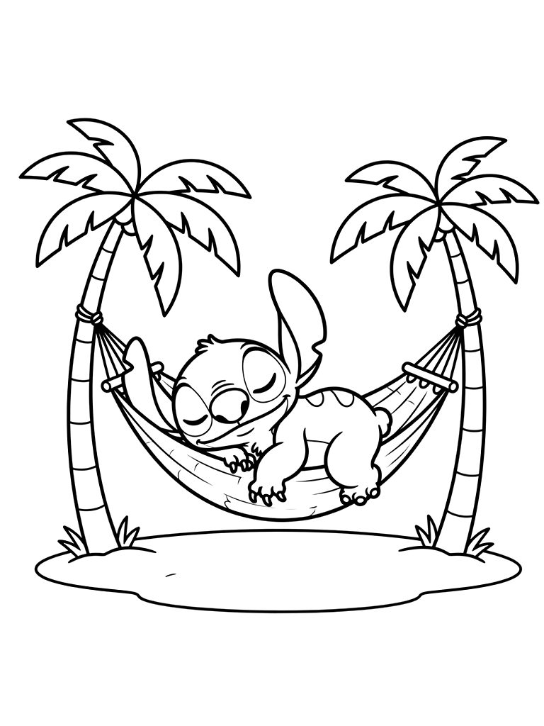 Chubby Alien Stitch Sleeping Peacefully In A Soft Hammock Strung Between Two Palm Trees On A Gentle Tropical Beach At Sunset Coloring Page