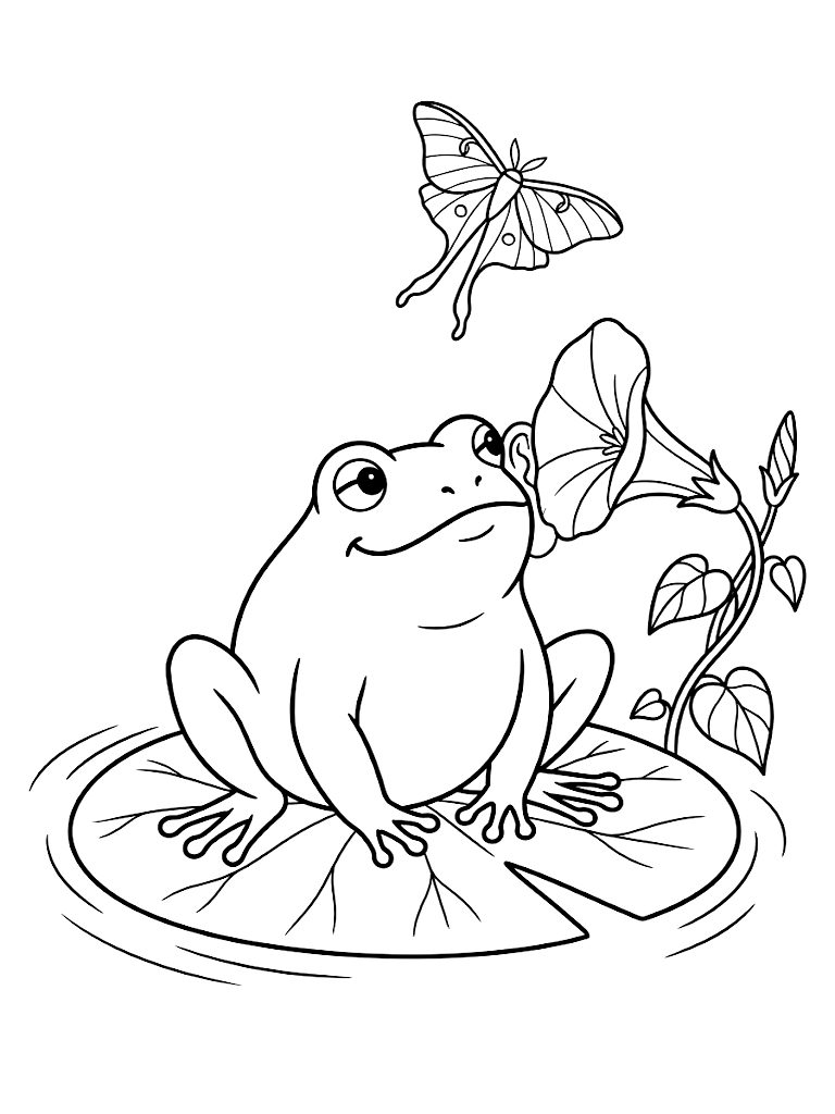 Chubby Green Frog Sitting On A Lily Pad Listening To A Morning Glory Flower Like A Gramophone While A Luna Moth Flutters Above Coloring Page